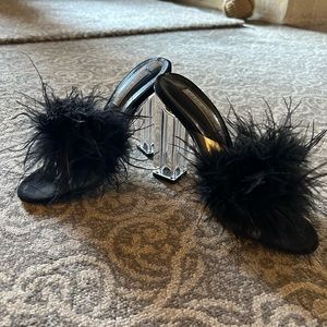 Black clear block heel with marabou feather slide size 6